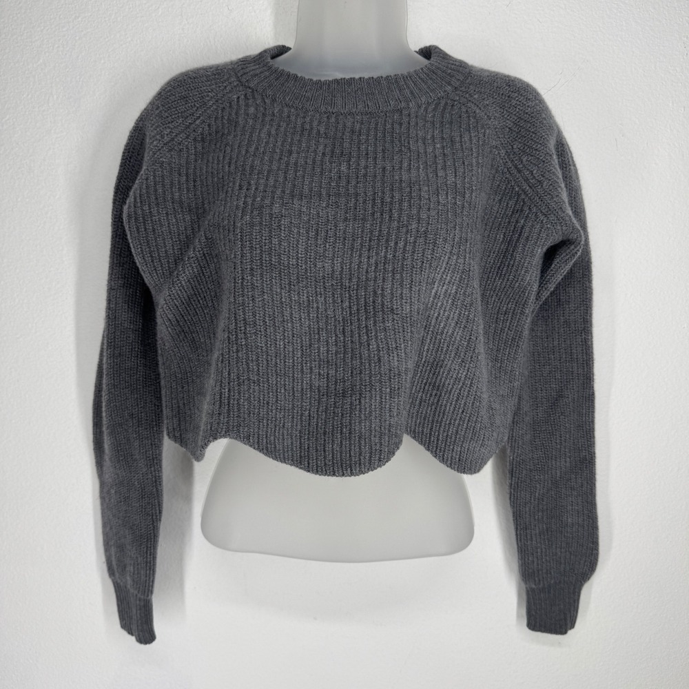Wilfred Aritzia Grey 100% Merino Wool Scalloped Hem Ribbed Sweater Boho Coquette